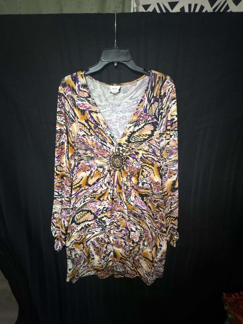 Eci New York L.Sleeve V-Neck Dress,Embellished Ring Detail ,Animal Print, S 14
